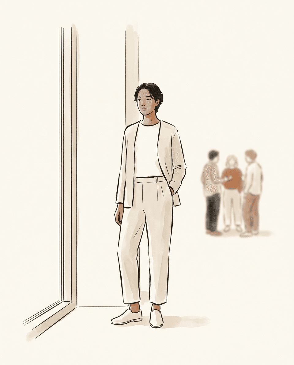 거리 — 창가에 혼자 서서 멀찍이 있는 사람들을 바라보는 한 사람.