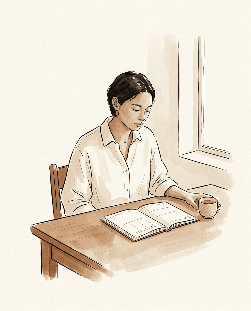 여백 — 고요한 방에서 비워진 주간 캘린더를 바라보는 한 사람.