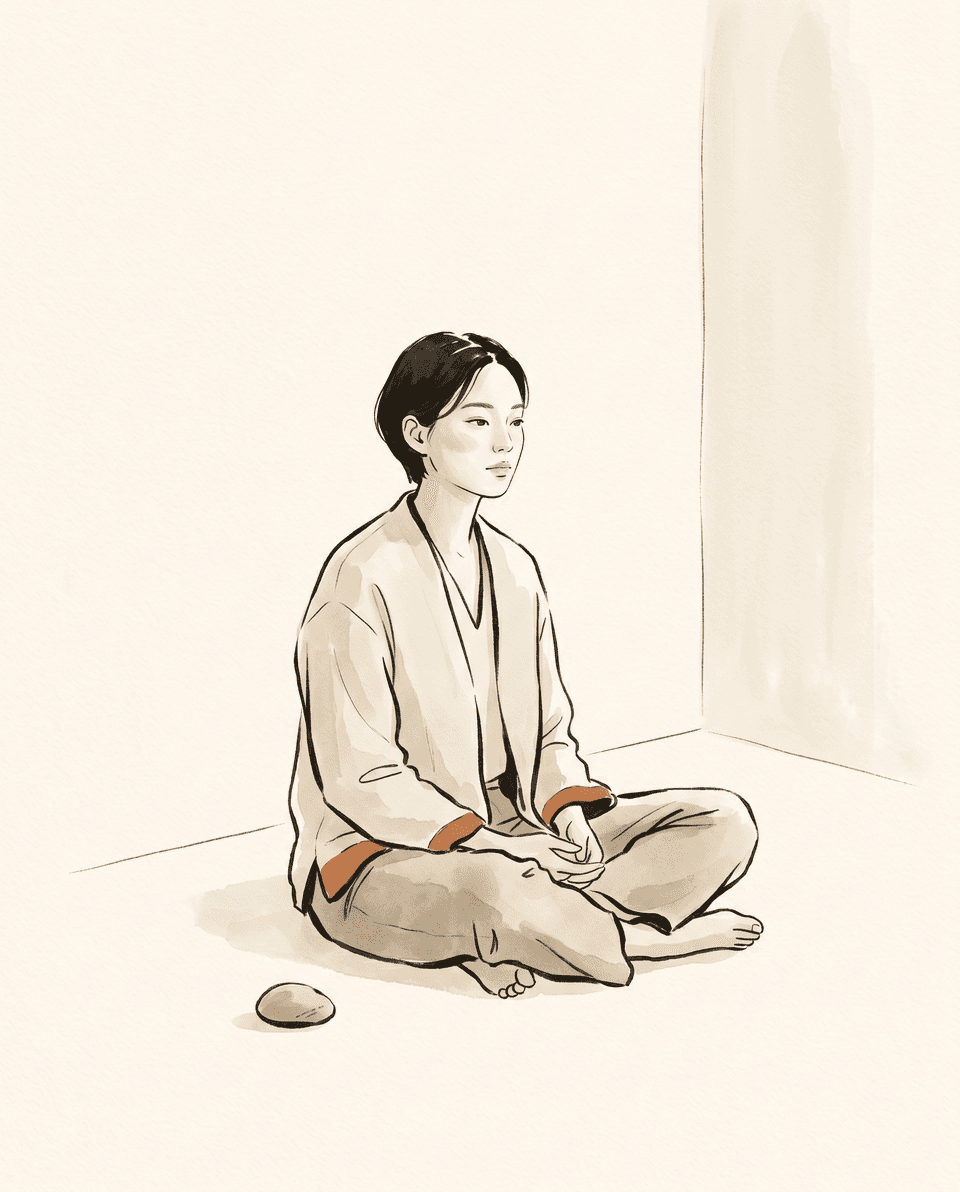 본연 — 조용한 방에서 두 손을 무릎 위에 놓고 생각에 잠긴 한 사람.