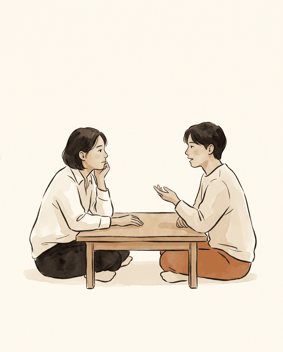 연결 — 다른 한 사람과 가만히 대화를 주고받는, 따뜻한 거리의 두 사람.
