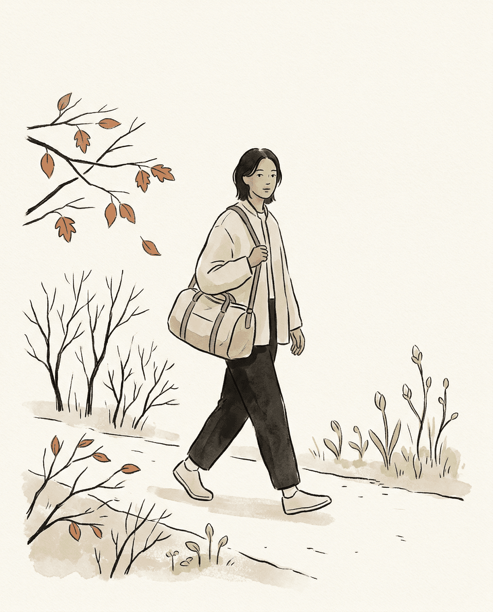 유목 — 사계절의 풍경이 뒤섞인 길목에 선, 짐을 꾸린 한 사람.