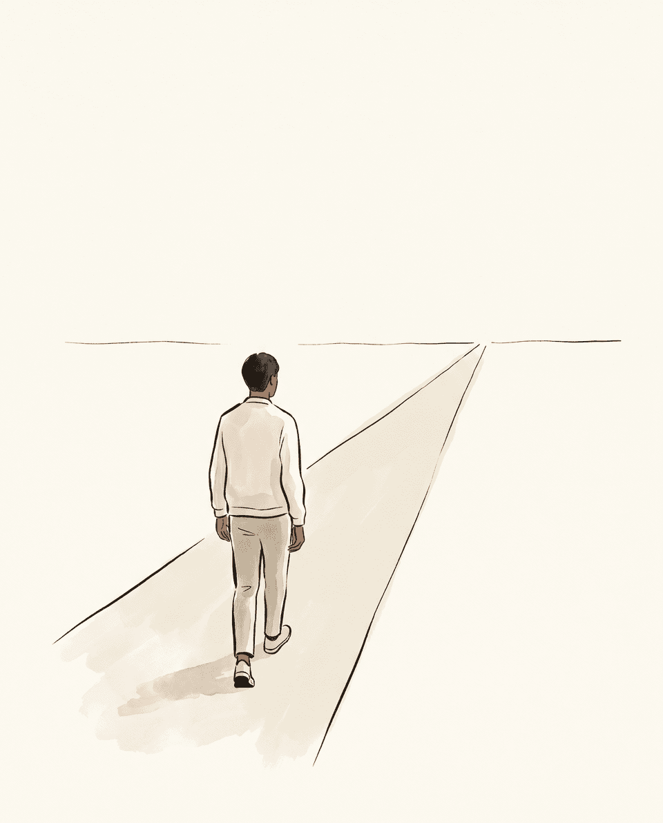 외길 — 지평선을 향한 긴 길 위를 묵묵히 걸어가는 한 사람.
