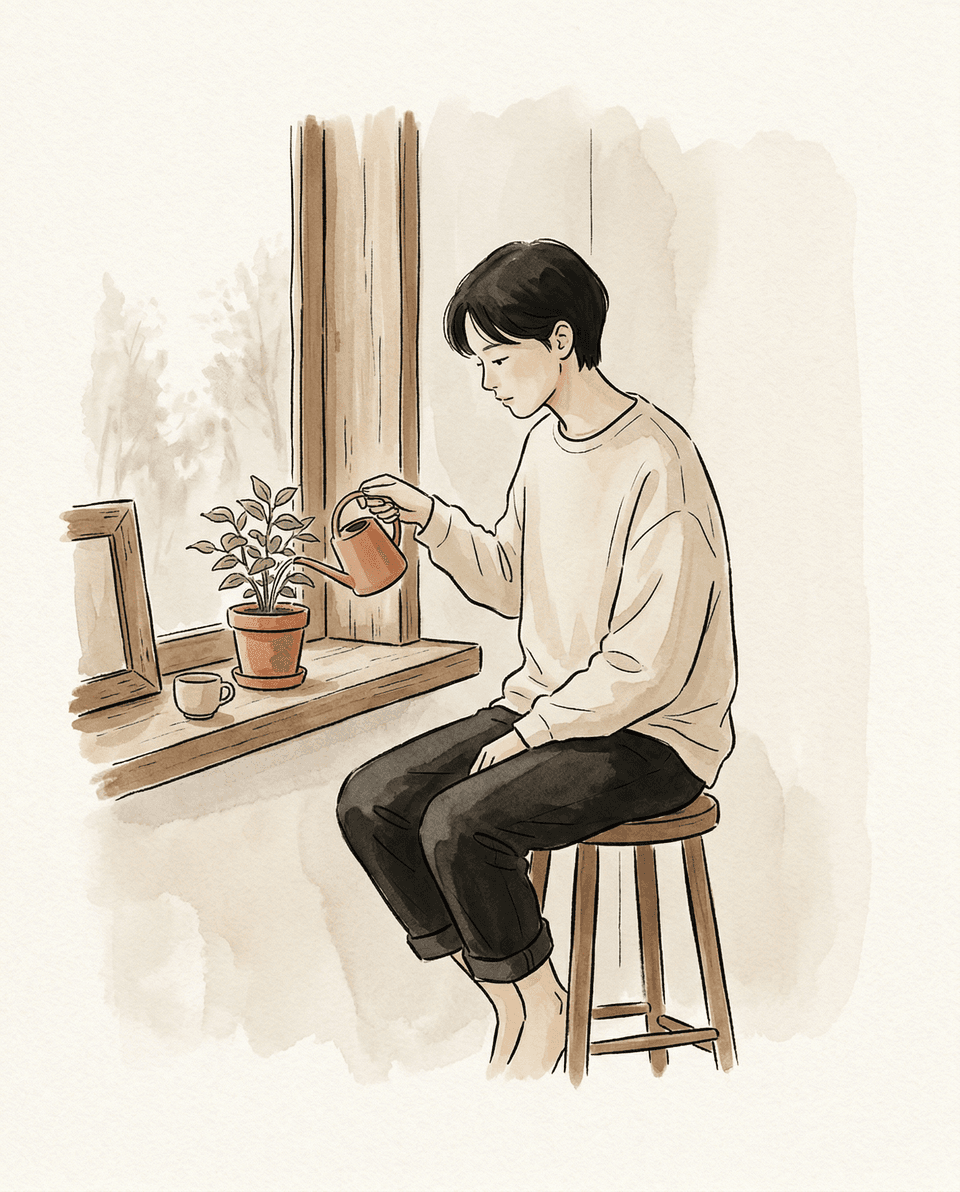 하루 — 이른 아침 빛 아래에서 조용한 일과를 시작하는 한 사람.